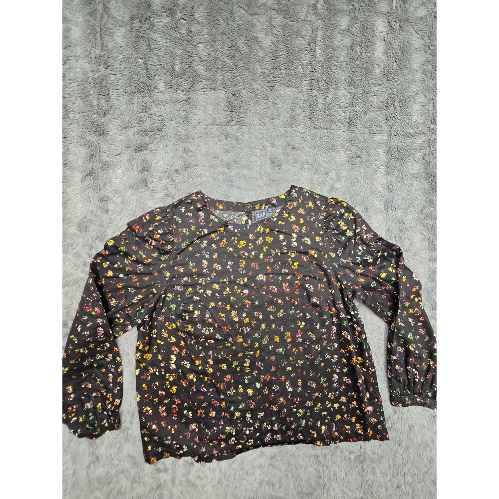 Gap Womens XL Black Floral Long Sleeve Cotton Blouse Button Back Keyhole Top